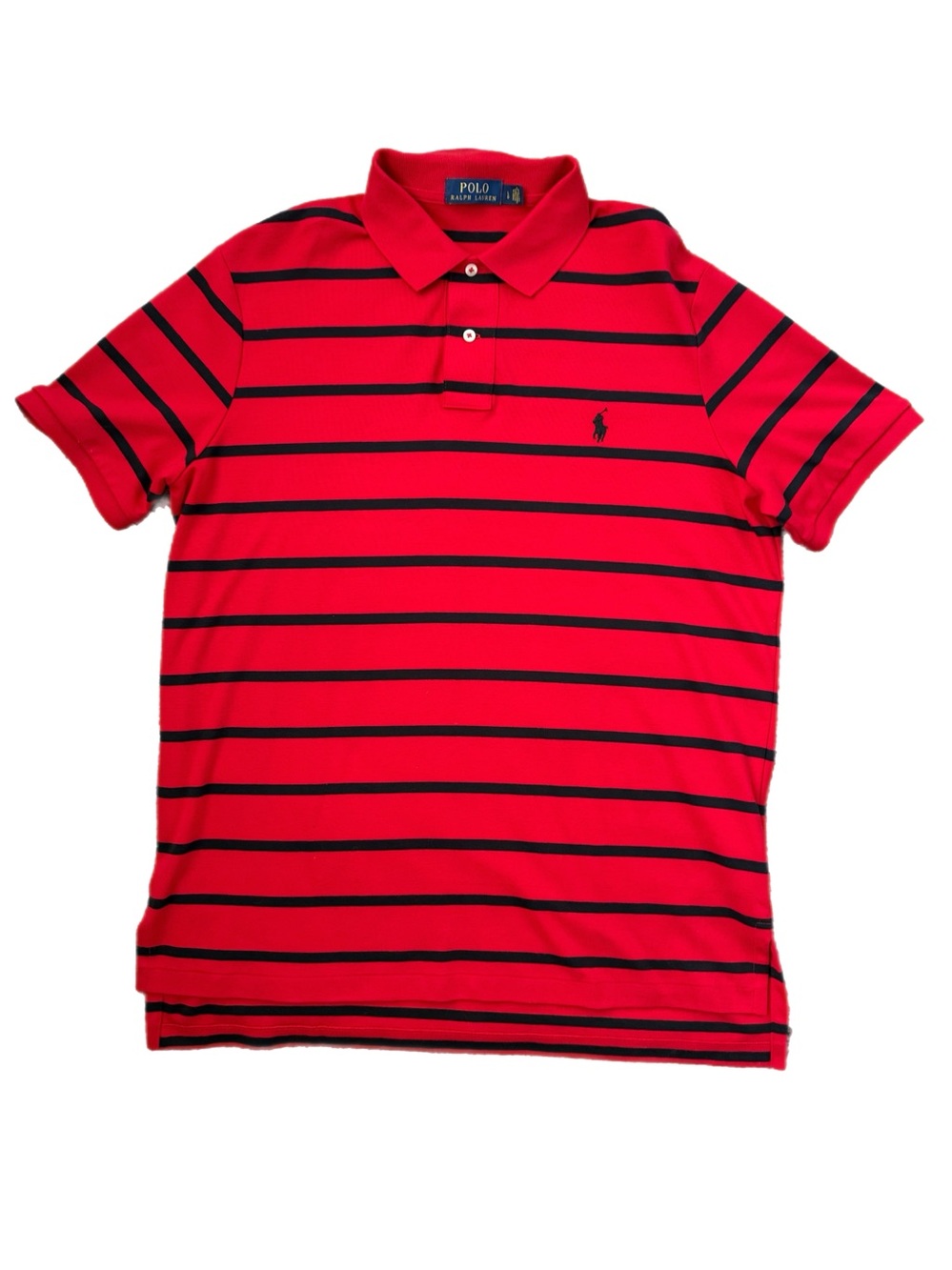 Polo Ralph Lauren 100 % Cotton Red Polo Shirt Navy Stripes Men’s